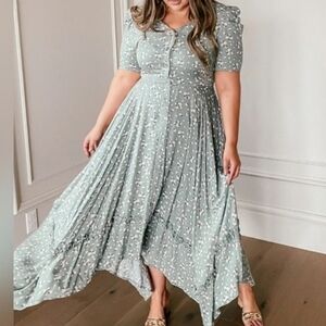 JessaKae Asymmetrical Green Sage Fairfax Floral Dress Medium Fairy Cottage